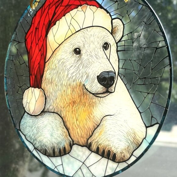 Festive Polar Bear Wearing Santa Hat Christmas Window Sun Hanging Sun Catcher - Picture 3 of 3